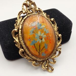 Victorian Revival 70's Handpainted Floral Brooch Pendant Brassy Goldtone Artisan